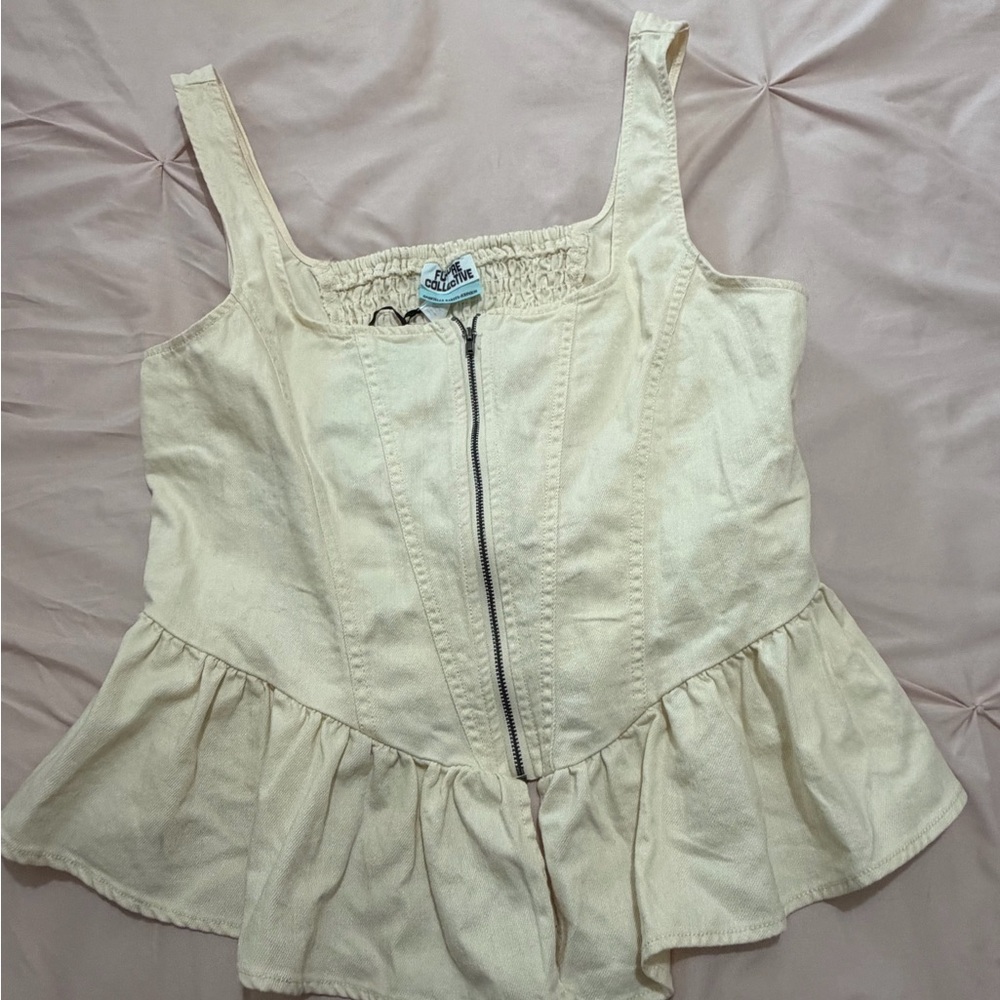 Future Collective Cream Zip-Front Peplum Camisole
